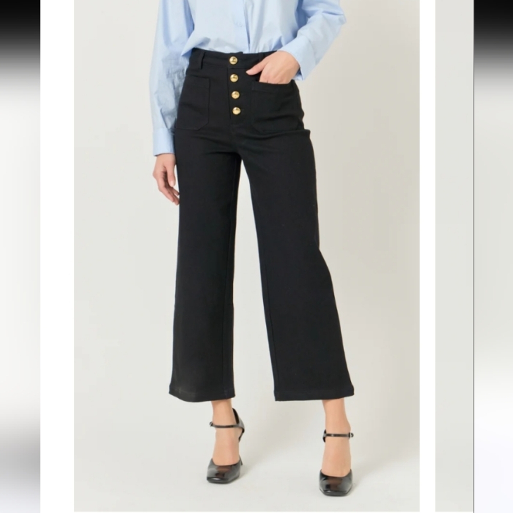 Stretched Gold Button Culotte Pants Mid-Rise Stretch Wide Leg